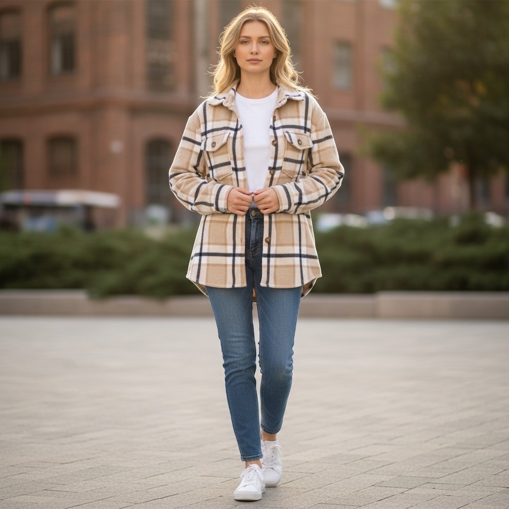 Jolie & Joy Plaid Shacket Women Medium Tan Cream Fleece Button Down